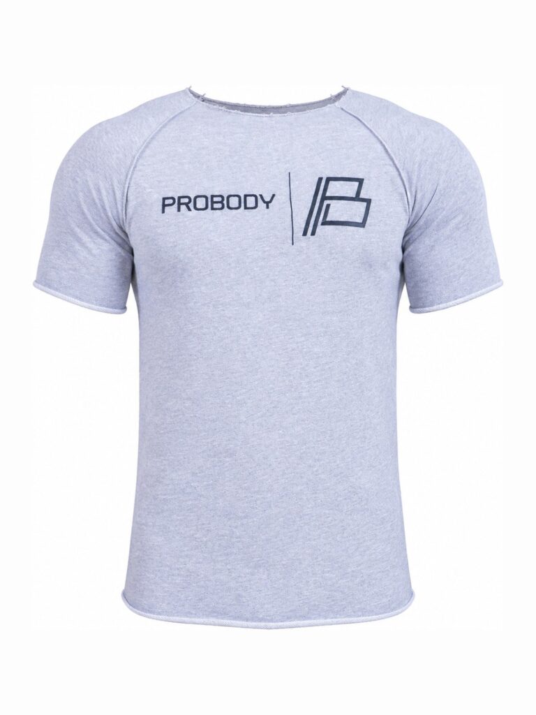 Front of the grey marl ProBody core logo T-shirt with the navy PROBODY B-mark chest print, raglan sleeves and a raw-edge hem