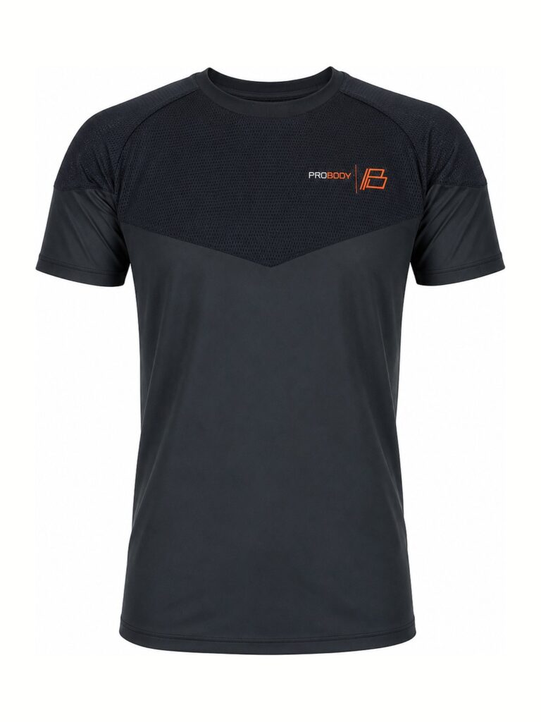 Front of the black ProBody performance tee with a charcoal mesh chevron panel across the chest and an orange PROBODY print